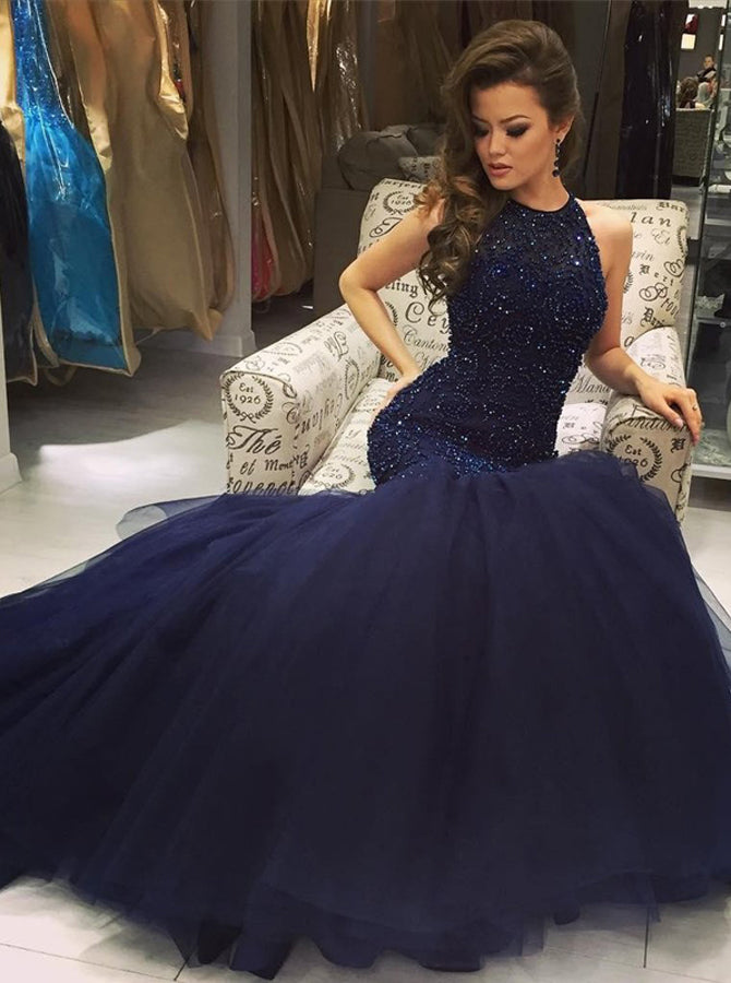 Dark Navy Mermaid Prom Dress,Beaded Tulle Prom Dress,Sparkly Prom Dres