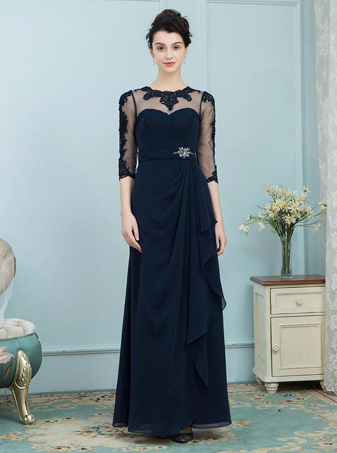 Dark Navy Mother of the Bride Dresses,Mother Dress with Sleeves,Elegan