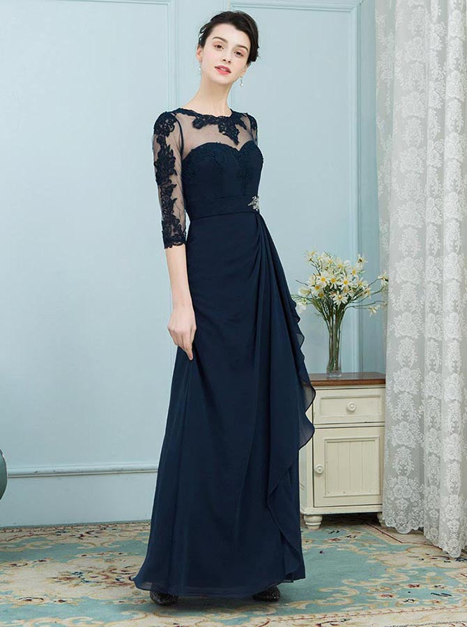 Dark Navy Mother of the Bride Dresses,Mother Dress with Sleeves,Elegan