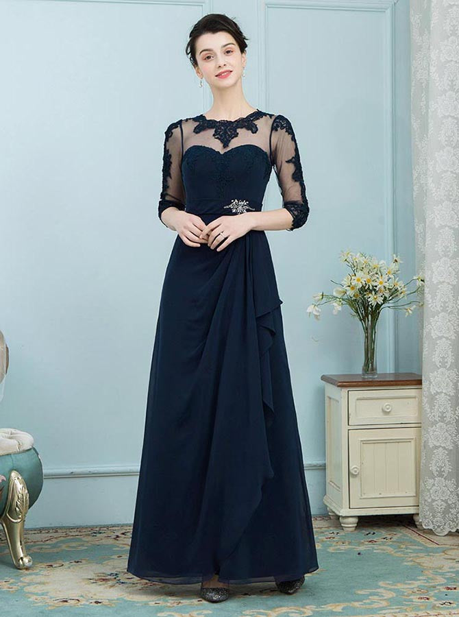 navy mother of the bride dress Dark A-Line Lace Top 3/4 Length Sleeves Chiffon Mother Of The Bride Dress Discover elegance and sophistication in our Lace Appliques Long Mother Of The Bride Dress Navy Blue Mother of the