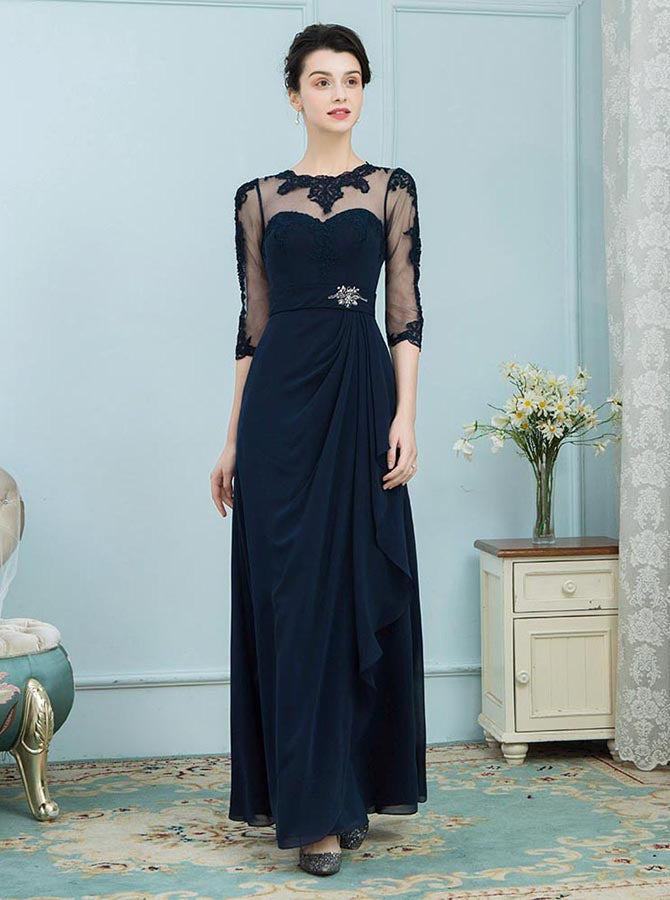 Dark Navy Mother of the Bride Dresses,Mother Dress with Sleeves,Elegan