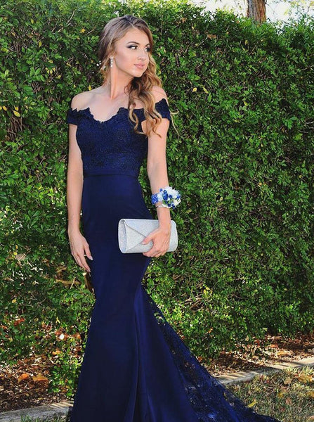 Dark Navy Off-the-shoulder Prom Dress,Lace Evening Dress,Long Prom Dress with Sweep Train PD00048