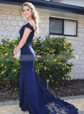 Dark Navy Off-the-shoulder Prom Dress,Lace Evening Dress,Long Prom Dress with Sweep Train PD00048