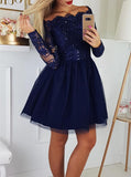 Dark Navy Party Dresses with Sleeves,Off the Shoulder Short Homecoming Dress,HC00167