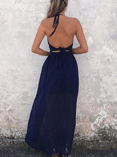 Dark Navy Prom Dress,Two Piece Prom Dress,Chiffon Prom Dress,Backless Evening Dress PD00187