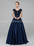 Dark Navy Prom Dress with Cap Sleeves,Satin Modest Evening Dress,PD00438