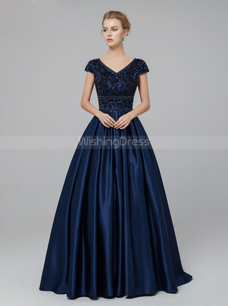 Dark Navy Prom Dress with Cap Sleeves,Satin Modest Evening Dress,PD00438