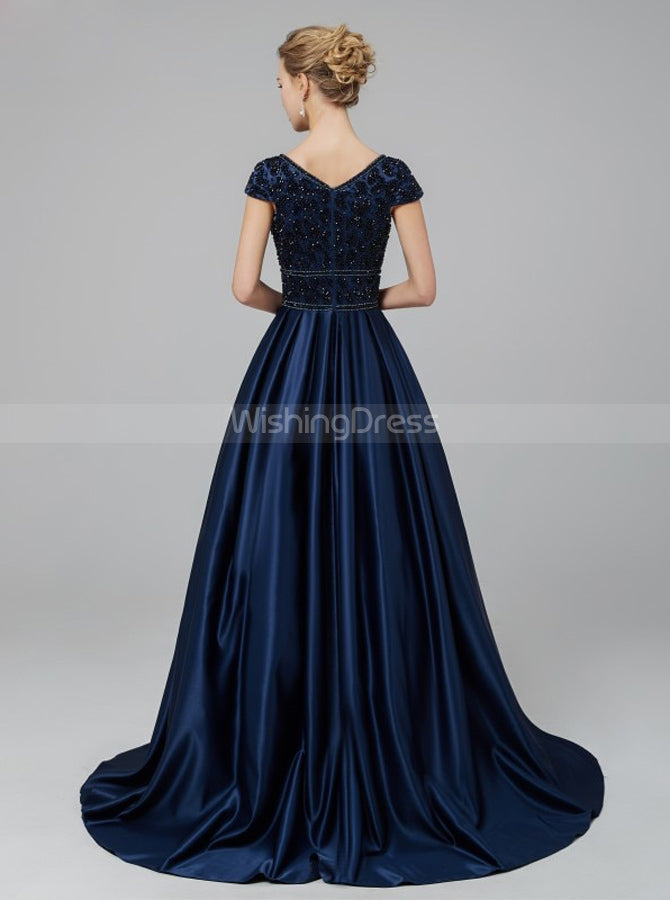 Dark Navy Prom Dress with Cap Sleeves,Satin Modest Evening Dress,PD004