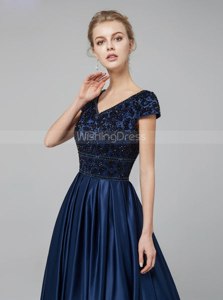 Dark Navy Prom Dress with Cap Sleeves,Satin Modest Evening Dress,PD00438