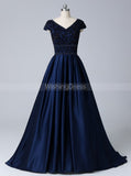 Dark Navy Prom Dress with Cap Sleeves,Satin Modest Evening Dress,PD00438