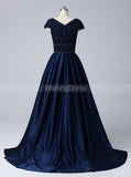 Dark Navy Prom Dress with Cap Sleeves,Satin Modest Evening Dress,PD00438