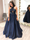 Dark Navy Prom Dresses,A-line Satin Prom Dresses,PD00464
