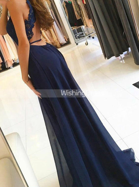 Dark Navy Prom Dresses,Chiffon Prom Dress,Open Back Prom Dress,Prom Dress with Slit,PD00219