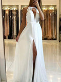 Dark Navy Prom Dresses,Chiffon Prom Dress,Open Back Prom Dress,Prom Dress with Slit,PD00219