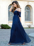 Dark Navy Prom Dresses,Prom Dress with Sleeves,Long Prom Dress,PD00267