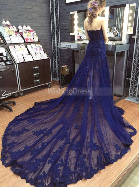 Dark Navy Prom Dresses,Tulle Long Evening Dress,Strapless Fitted Prom Dress,PD00356