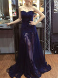 Dark Navy Prom Dresses,Tulle Long Evening Dress,Strapless Fitted Prom Dress,PD00356