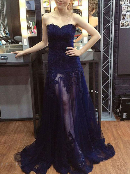 Dark Navy Prom Dresses,Tulle Long Evening Dress,Strapless Fitted Prom Dress,PD00356