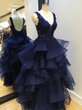 Dark Navy Ruffled Prom Gown,Tulle Prom Dress,PD00439