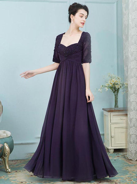 Dark Purple Mother of the Bride Dresses,Empire Waist Mother Dress,Mother Dress with Sleeves,MD00010
