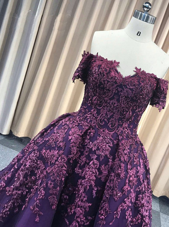 Dark Purple Prom Ball Gown,Off the Shoulder Prom Gowns,Princess Prom G