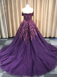 Dark Purple Prom Ball Gown,Off the Shoulder Prom Gowns,Princess Prom Gowns,PD00301