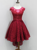 Dark Red Prom Dress,Lace Homecoming Dress,High Low Prom Dress,PD00346
