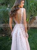 Dazzling Beaded Long Prom Dress,Deep V Neck Evening Dress,Floor Length Chiffon Party Dress PD00145