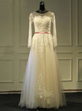 Destination Wedding Dress with Sleeves,Long Fall Wedding Dress with Belt,WD00379