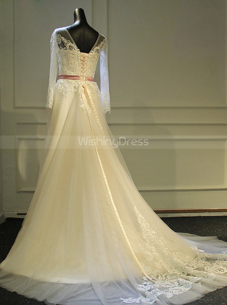 Destination Wedding Dress with Sleeves,Long Fall Wedding Dress with Belt,WD00379