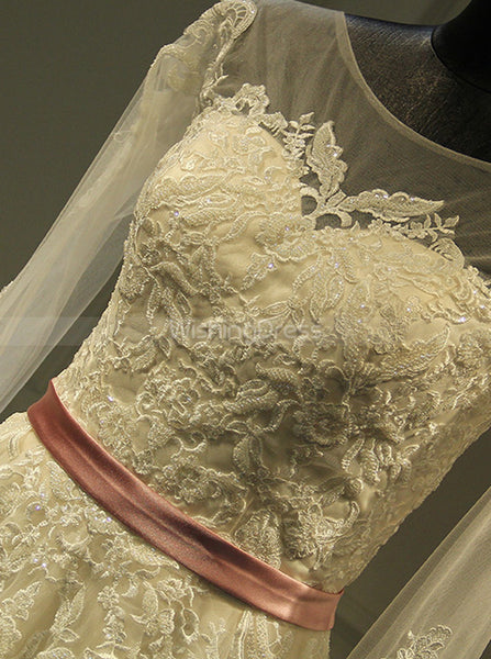 Destination Wedding Dress with Sleeves,Long Fall Wedding Dress with Belt,WD00379