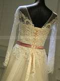 Destination Wedding Dress with Sleeves,Long Fall Wedding Dress with Belt,WD00379