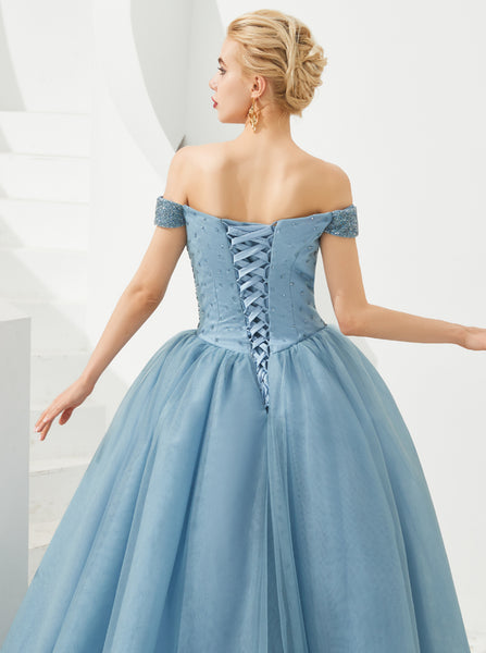 dusty blue off the shoulder dress Beaded Off Shoulder Ball Gown by Elizabeth K GL3727 2XL / Dusty Blue