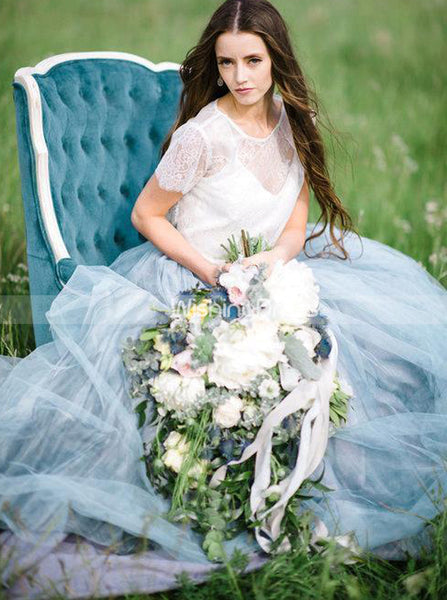 Dusty Blue Tulle Wedding Dress,Two Piece Wedding Dress for Photoshoot,WD00431