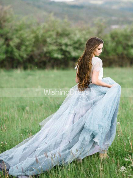 Dusty Blue Tulle Wedding Dress,Two Piece Wedding Dress for Photoshoot,WD00431