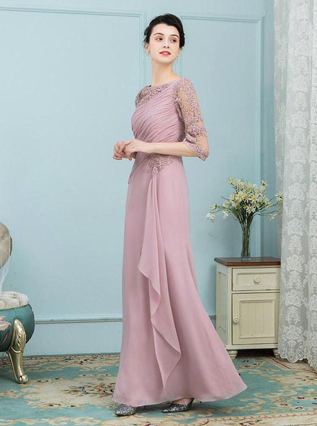 Dusty Rose Mother of the Bride Dresses,Chiffon Long Mother Dress,Mother Dress with Sleeves,MD00021