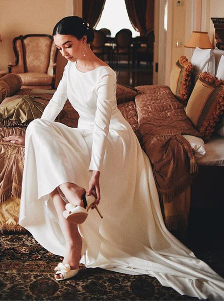 Elegant Soft Satin Wedding Dress with Long Sleeves,Simple Wedding Dress,WD00621 US16W / Champagne