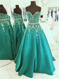 Emerald Prom Dresses,A-line Satin Prom Dress,Beaded Sweetheart Prom Dress,PD00344