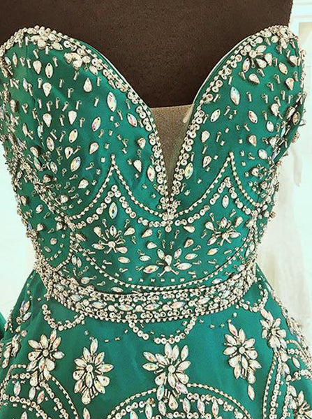 Emerald Prom Dresses,A-line Satin Prom Dress,Beaded Sweetheart Prom Dress,PD00344
