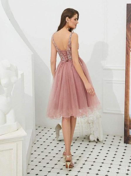 Dusty Pink Homecoming Dresses,Tulle Homecoming Dress,Knee Length Prom Dress,HC00038