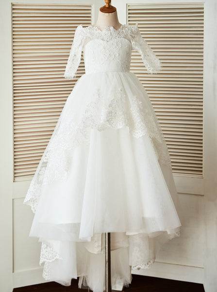 First Communion Dresses with Sleeves,Princess Flower Girl Dress with Train,FD00096