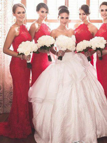 Fit and Flare Bridesmaid Dress,Lace Bridesmaid Dress,Red Halter Bridesmaid Dress,BD00010