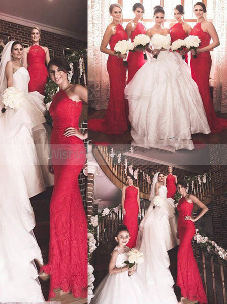 Fit and Flare Bridesmaid Dress,Lace Bridesmaid Dress,Red Halter Bridesmaid Dress,BD00010