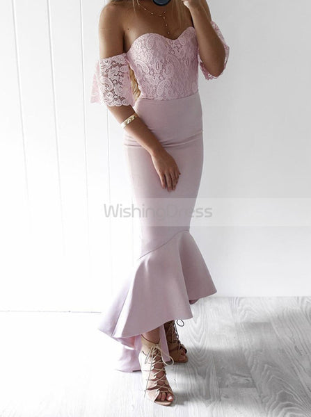 Fitted Bridesmaid Dress,High Low Bridesmaid Dress,Homecoming Dress with Lace Sleeves,BD00143
