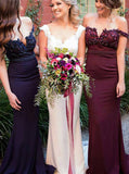 Fitted Bridesmaid Dress,Off the Shoulder Bridesmaid Dress,Satin Bridesmaid Dress with Train,BD00023