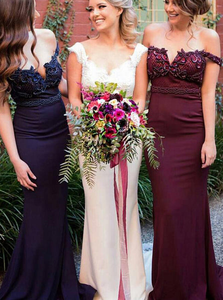 Fitted Bridesmaid Dress,Off the Shoulder Bridesmaid Dress,Satin Bridesmaid Dress with Train,BD00023