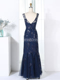 Fitted Bridesmaid Dresses,Dark Navy Bridesmaid Dress,Tulle Lace Bridesmaid Dress,BD00292