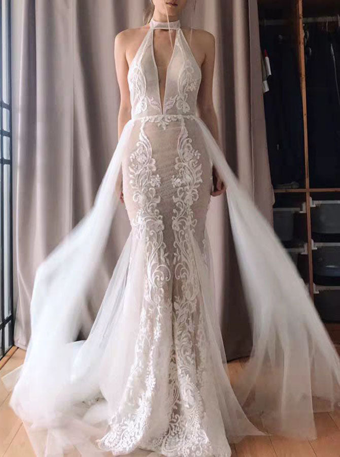 Hollow Back Halter V-Collar Lace Evening Dress Hollow Back Halter V-Collar Lace Evening Dress