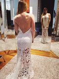 Fitted White Evening Dress,Open Back Evening Dress with Train,Lace Prom Dress PD00072