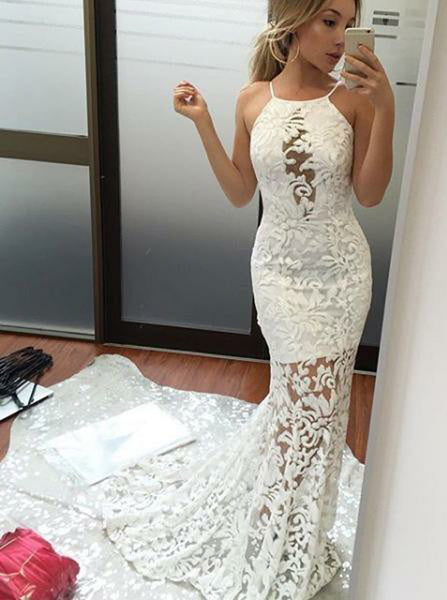 Fitted White Evening Dress,Open Back Evening Dress with Train,Lace Prom Dress PD00072
